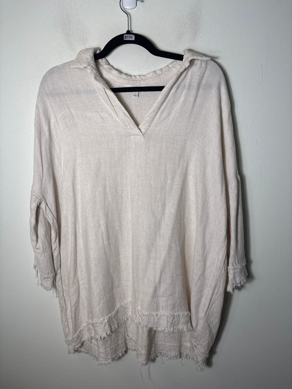 Umgee Off White 3/4 Sleeve V-Neck Linen Cotton Blend Shirt Sz L